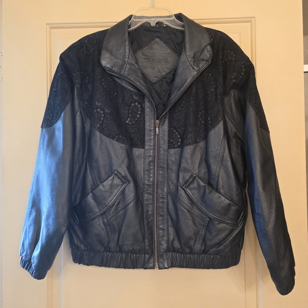 Vtg Preston & York Leather Bomber Jacket Paisley Embossed Details Quilted Lining